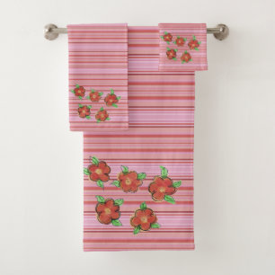 Artsy Orange Floral and Modern Pink Stripes Bath Towel Set