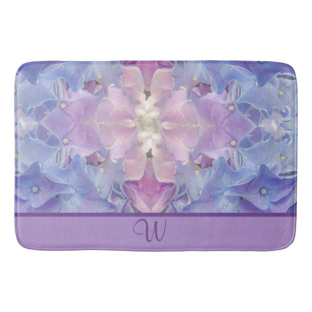 Artsy Pink Blue Floral Hydrangea Monogram Bath Mat (Front)
