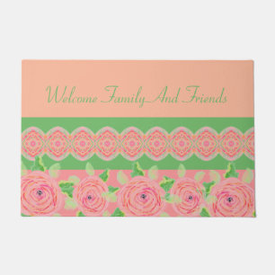 Artsy Pink Rose Floral Accented Door Mat