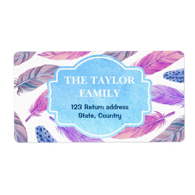 Artsy Purple watercolor feathers family address (Front)