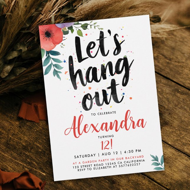 Artsy Red Green Floral Garden Party Hang Out Typo Invitation (Creator Uploaded)