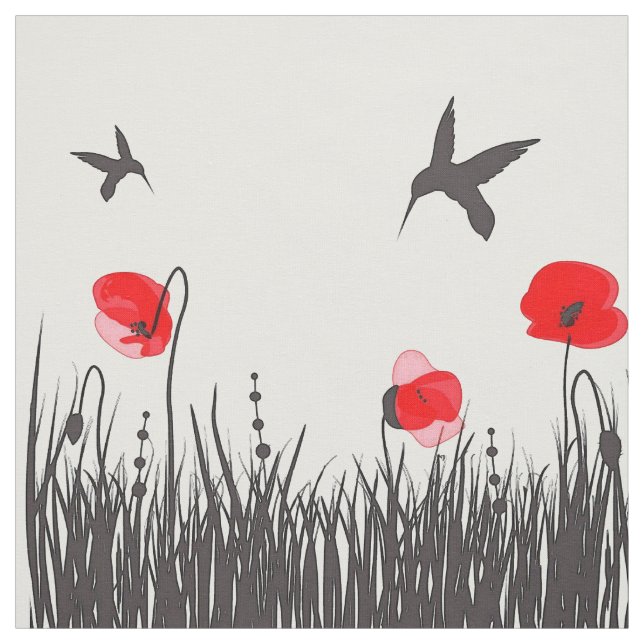 Artsy Red Poppies and Hummingbirds Fabric (Swatch)