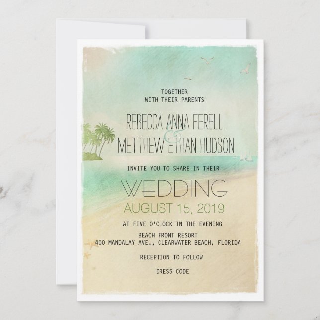 Artsy Retro Vintage Peaceful Beach Wedding Invites (Front)