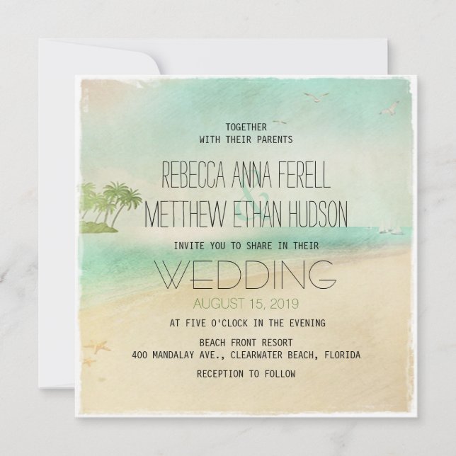 Artsy Retro Vintage Peaceful Beach Wedding Invites (Front)