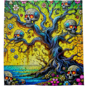 Artsy Skull Tree and Flower Design Shower Curtain