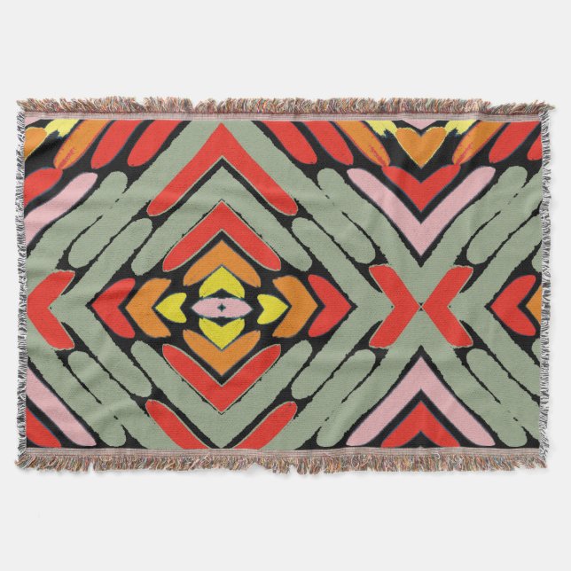 Artsy Southwestern Green Red Black Pattern Throw Blanket (Front)