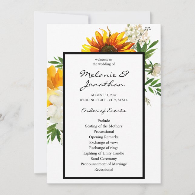 Artsy Sunflower Floral Wedding Ceremony Program Invitation (Front)