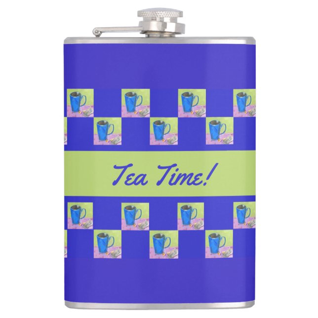 Artsy Tea Time Green/Blue Repeating Design Hip Flask (Front)