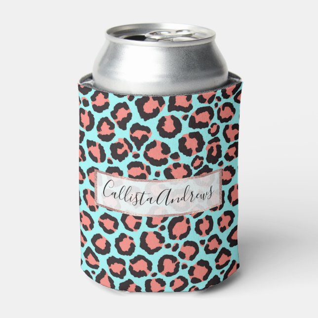 Artsy Trendy Coral Mint Teal Leopard Animal Print Can Cooler (Can Front)
