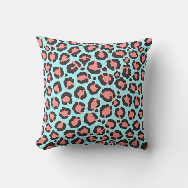 Artsy Trendy Coral Mint Teal Leopard Animal Print Cushion (Front)