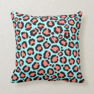 Artsy Trendy Coral Mint Teal Leopard Animal Print Cushion
