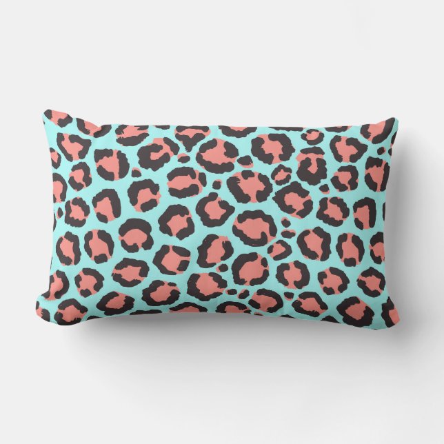 Artsy Trendy Coral Mint Teal Leopard Animal Print Lumbar Cushion (Front)