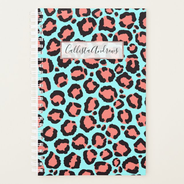 Artsy Trendy Coral Mint Teal Leopard Animal Print Planner (Front)