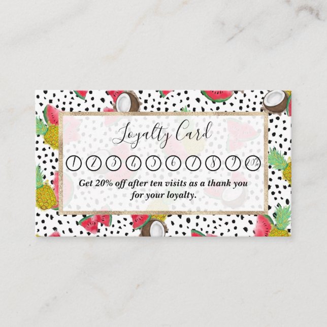 Artsy Tropical Fruit Polka Dots Watercolor Pattern Loyalty Card (Front)