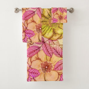 Artsy Victorian Pink Tone Floral Pattern Bath Towel Set