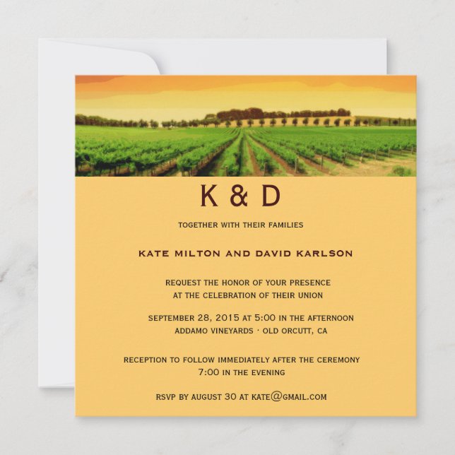 Artsy Vineyard Sunset Winery Wedding Invite (Front)