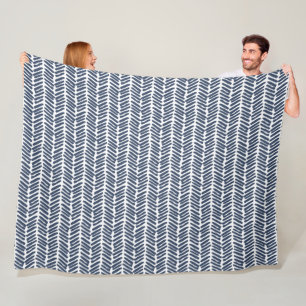 Artsy White Dark Grey Slate Blue Abstract Chevron Fleece Blanket