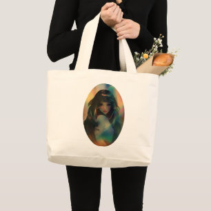 Artwork of Anime Girl Surrounded by Rainbow Light Large Tote Bag