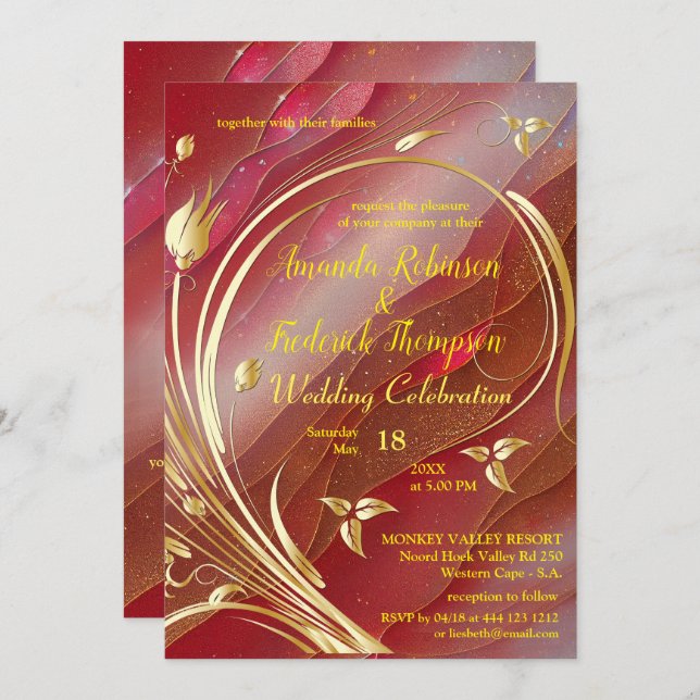 Arty abstract Gold flower Magenta 2023 colour Invitation (Front/Back)