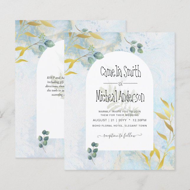 Arty Botanical Greenery Gold Wedding Invitation (Front/Back)