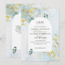 Arty Botanical Greenery Gold Wedding Invitation