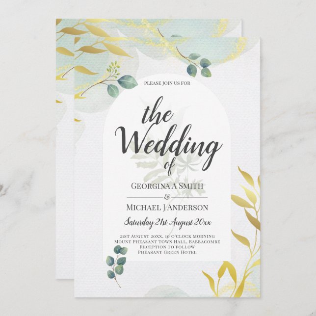 Arty Botanical Greenery Gold Wedding Invitation (Front/Back)