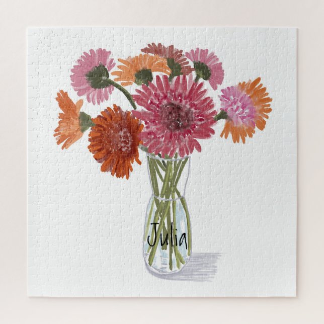 Arty Gerbera Colourful Flower  +Custom Name Jigsaw Puzzle (Vertical)