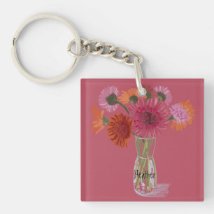 Arty Gerbera Colourful Flower +Custom Name Key Ring