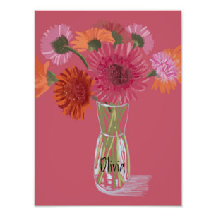 Arty Gerbera Colourful Flower +Custom Name Photo Print