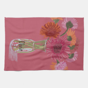 Arty Gerbera Colourful Flower +Custom Name Tea Towel