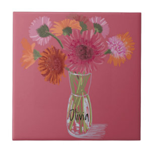 Arty Gerbera Colourful Flower  +Custom Name Tile