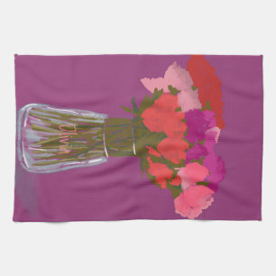 Arty Happy Colorful Flowers In Vase  +Custom Name Tea Towel