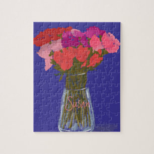 Arty Happy Colourful Flowers In Vase +Custom Name Jigsaw Puzzle