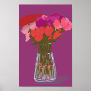 Arty Happy Colourful Flowers In Vase +Custom Name Poster