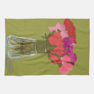 Arty Happy Colourful Flowers In Vase +Custom Name Tea Towel