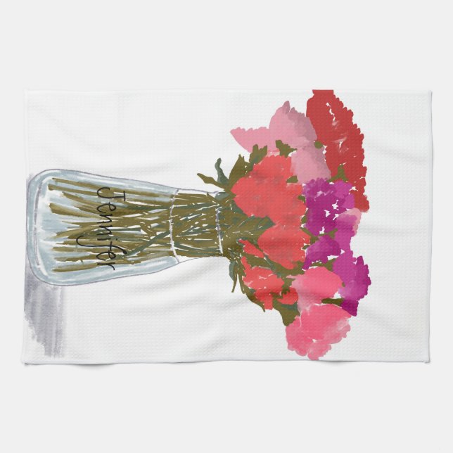 Arty Happy Colourful Flowers In Vase  +Custom Name Tea Towel (Horizontal)