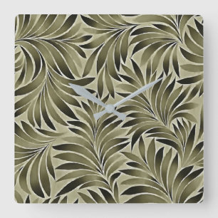 Arty Leaves In Dull Green Grey Kkaki Colour Square Wall Clock
