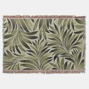 Arty Leaves In Dull Green Grey Kkaki Colour Throw Blanket