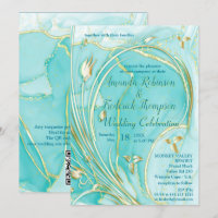Arty turquoise Gold abstract flower Invitation