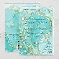Arty turquoise Gold abstract flower Invitation
