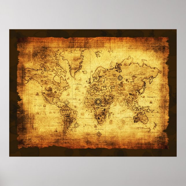 Arty Vintage Old Gold World Map Poster (Front)