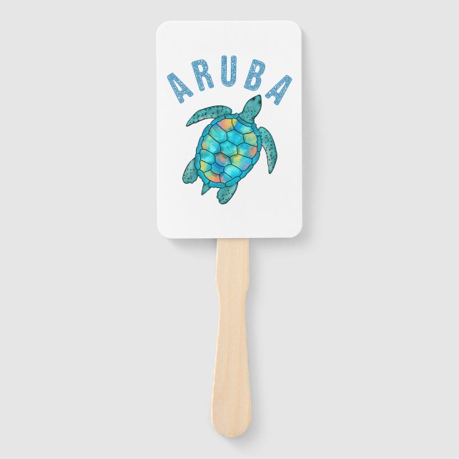 Aruba Beach Sea Turtle Illustration Hand Fan (Front)