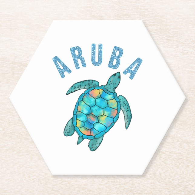 Aruba Beach Sea Turtle Illustration Paper Coaster (Front)