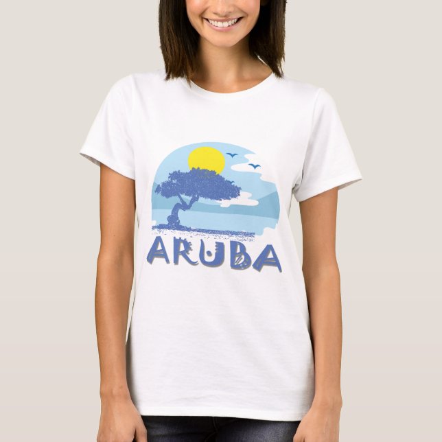 Aruba Blue Divi Divi Tree on Stylised Beach Print T-Shirt (Front)