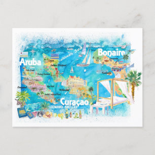 Aruba Bonaire Curacao Illustrated Islands Travel  Postcard