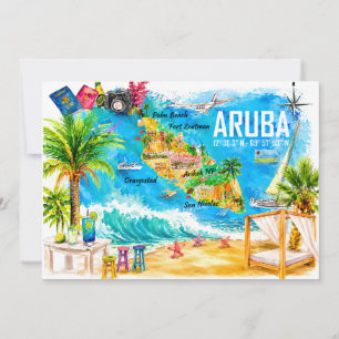 Aruba Caribbean Illustrated Travel Map Postcard