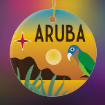 Aruba colourful Caribbean illustration Ceramic Tree Decoration<br><div class="desc">Aruba bright colourful illustration with a rocky beach,  sun,  aloe plants,  a brown throated parakeet and the four pointed star from the flag of Aruba. The name is in a vintage deco font. Celebrate memories of your island vacation travel or Caribbean cruise.</div>