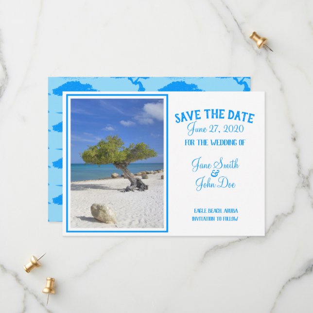 Aruba Destination Wedding Blue Divi Tree Save The  Date (Front/Back In Situ)