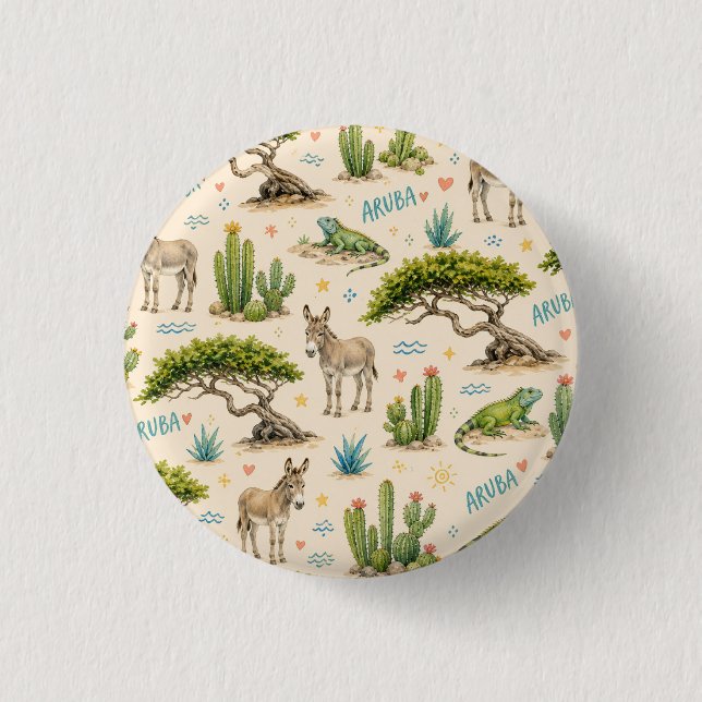 Aruba divi tree, donkey, iguana, cactus 3 cm round badge (Front)