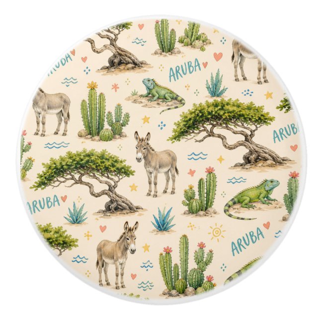Aruba divi tree, donkey, iguana, cactus ceramic knob (Front)